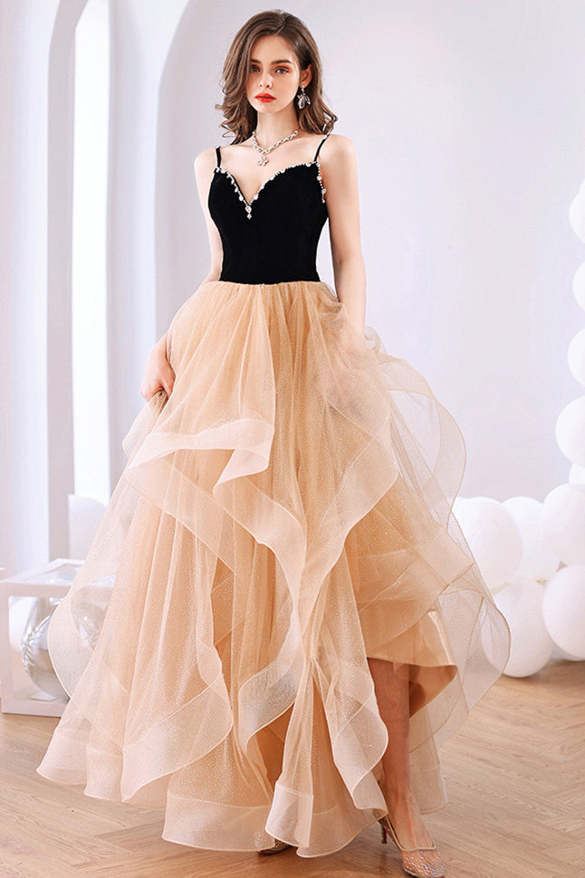 Black Velvet and Champagne Tiered Ruffles Long Formal Dress Dressesforparty Black Velvet and Champagne Tiered Ruffles Long Formal Dress Dressesforparty