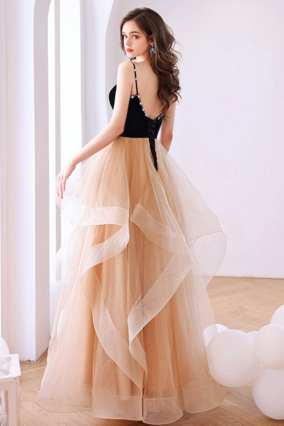 Black Velvet and Champagne Tiered Ruffles Long Formal Dress