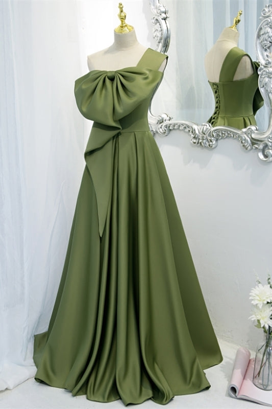 One Shoulder Green Bow Long Formal Dress