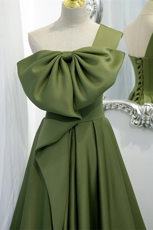 One Shoulder Green Bow Long Formal Dress