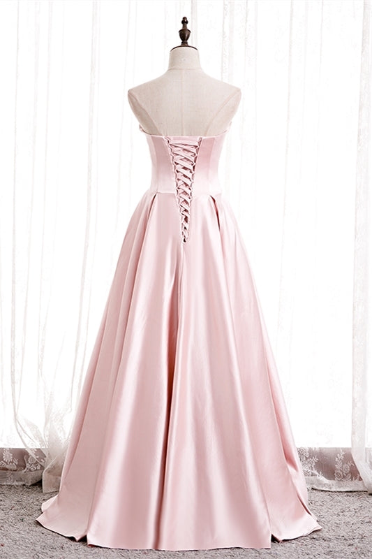 Strapless Pink A-line Satin Long Formal Dress