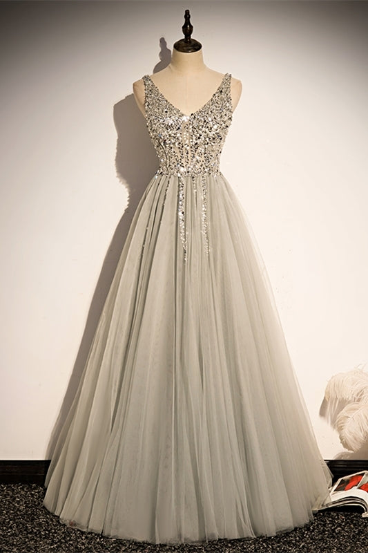 Classic A-line Grey and Silver Sequins Formal Dress