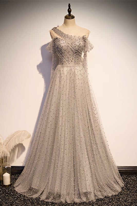 Special A-line Grey Pearls Long Formal Dress