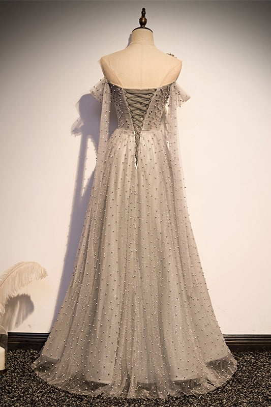 Special A-line Grey Pearls Long Formal Dress