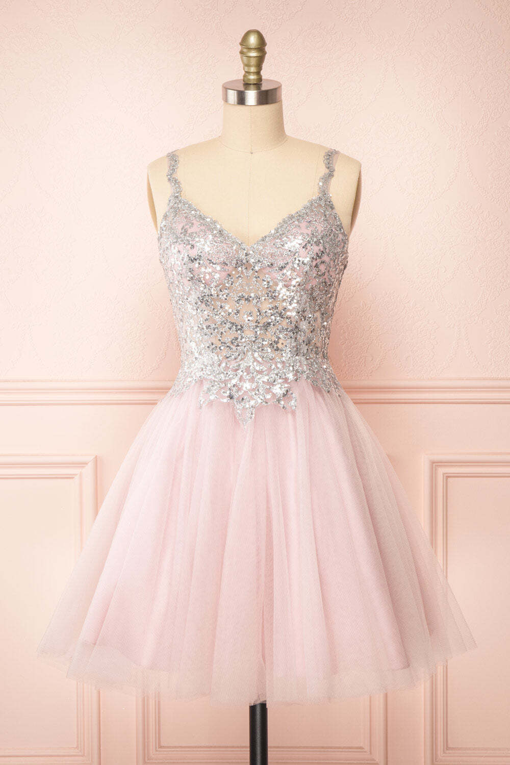 Shiny Sequin and Pink Tulle Short A-line Homecoming Dress