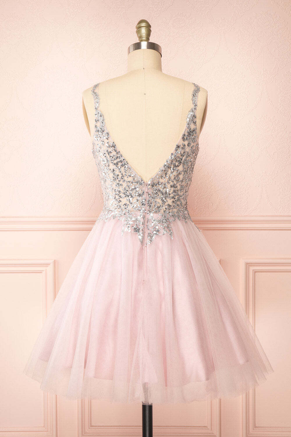 Shiny Sequin and Pink Tulle Short A-line Homecoming Dress
