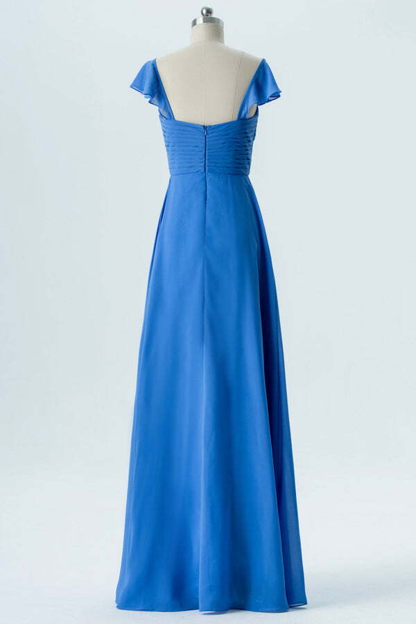 Royal Blue Chiffon A-line Long Bridesmaid Dress with Cap Sleeves