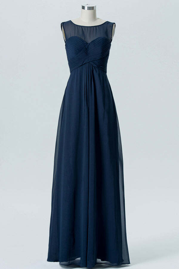 Navy Blue See Through Scoop A-line Long Bridesmaid Dress