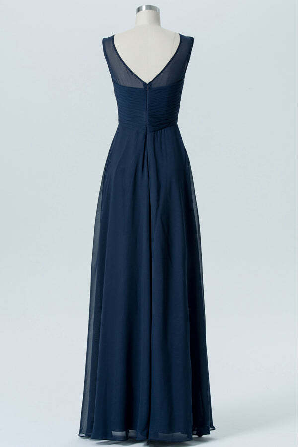 Navy Blue See Through Scoop A-line Long Bridesmaid Dress