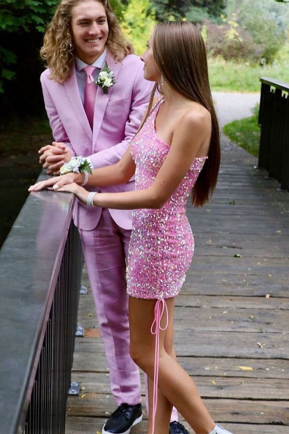 One Shoulder Pink Sequin Bodycon Mini Party Dress