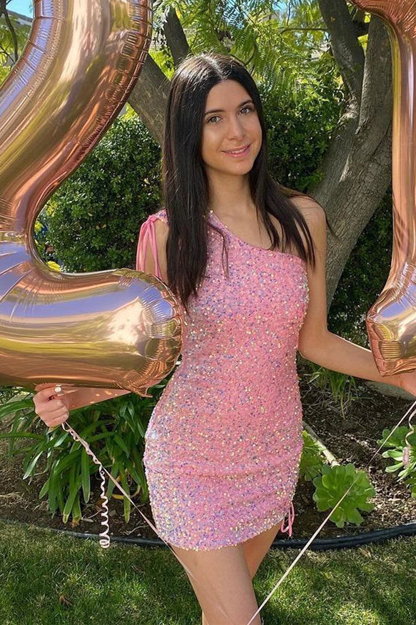 One Shoulder Pink Sequin Bodycon Mini Party Dress