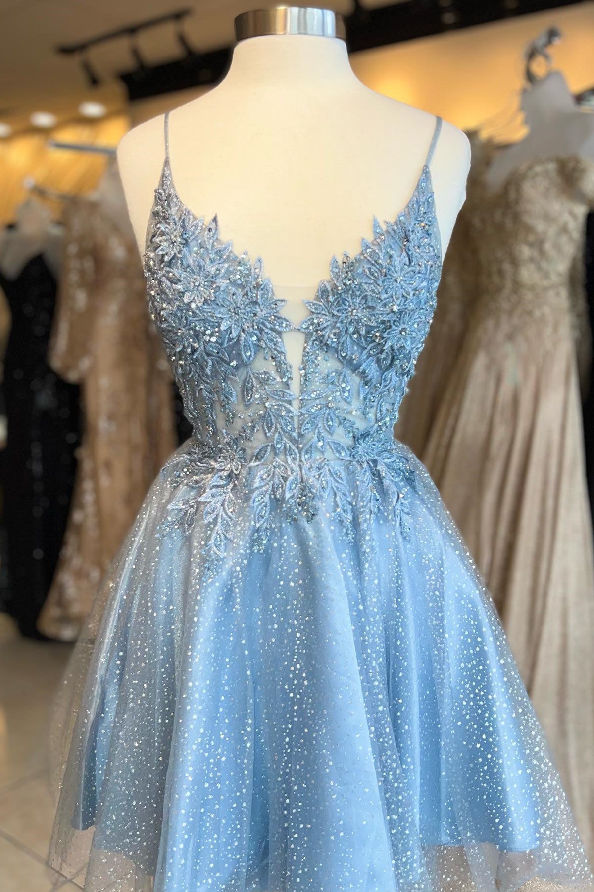 Blue Appliques A-line Tulle Short Prom Dress