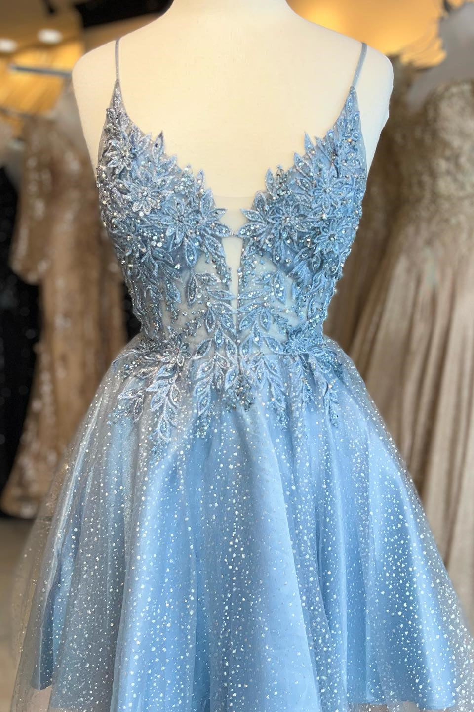 Blue Appliques A-line Tulle Short Prom Dress