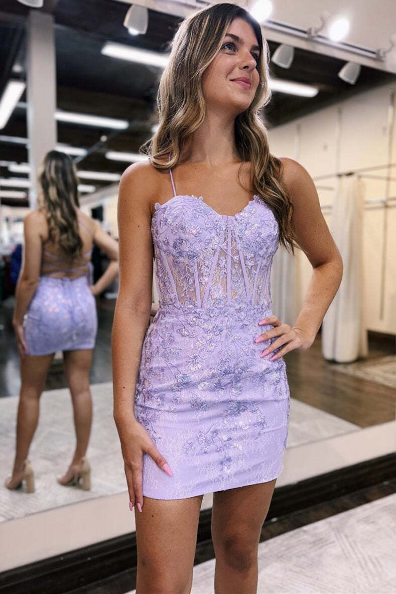 Lavender Lace Appliques Bodycon Mini Dress