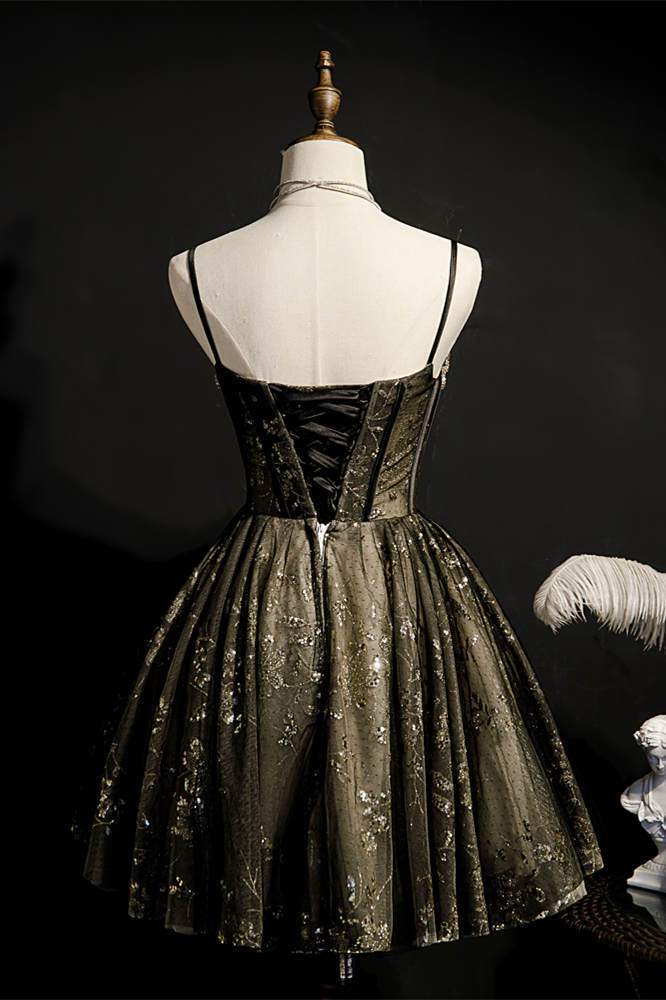 Short Black A-line Party Dress with Diamonds