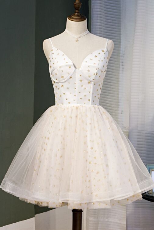 Cream A-line Short Gold Stars Short Party Dress 