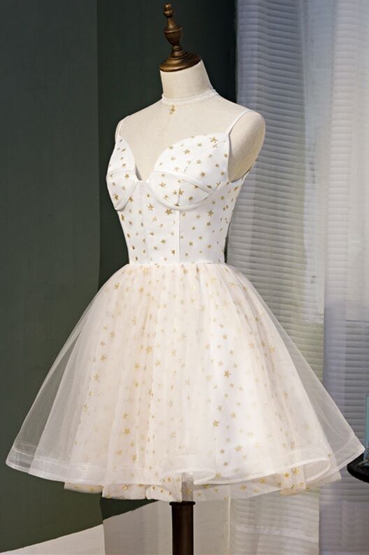 Cream A-line Short Gold Stars Short Party Dress 