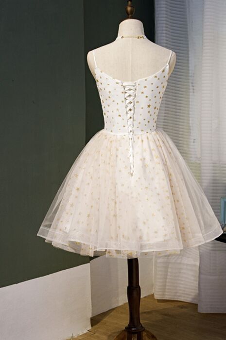 Cream A-line Short Gold Stars Short Party Dress 