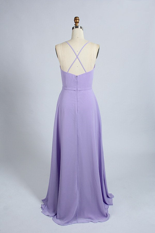 Lavender Straps A-line Ruffles Long Bridesmaid Dress