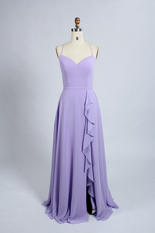 Lavender Straps A-line Ruffles Long Bridesmaid Dress