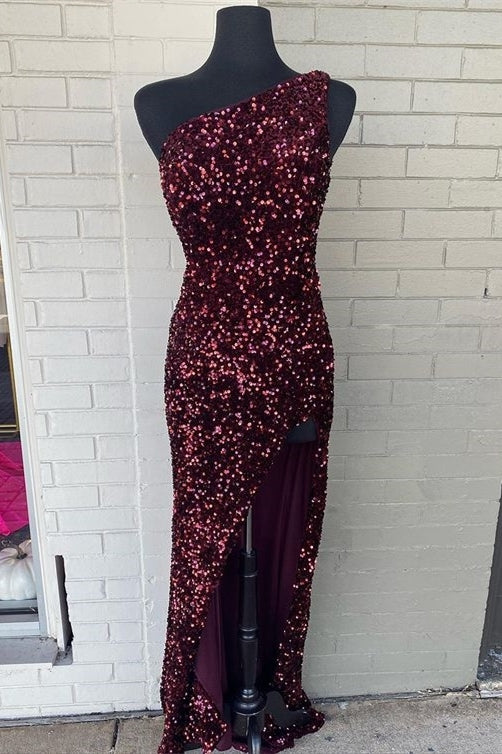 Burgundy Sequin One Shoulder Mermaid Long Party Dress with Slit