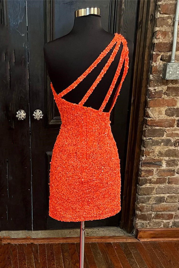 Orange Sequin One Shoulder Fitted Homecoming Dress