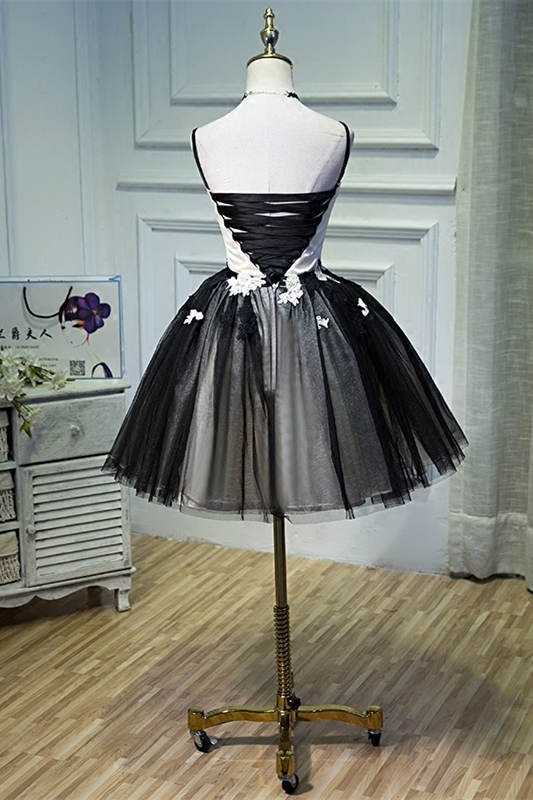Straps A-line Black Party Dress with Lace Up Back