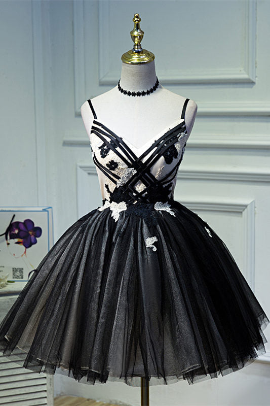 Straps A-line Black Party Dress with Lace Up Back