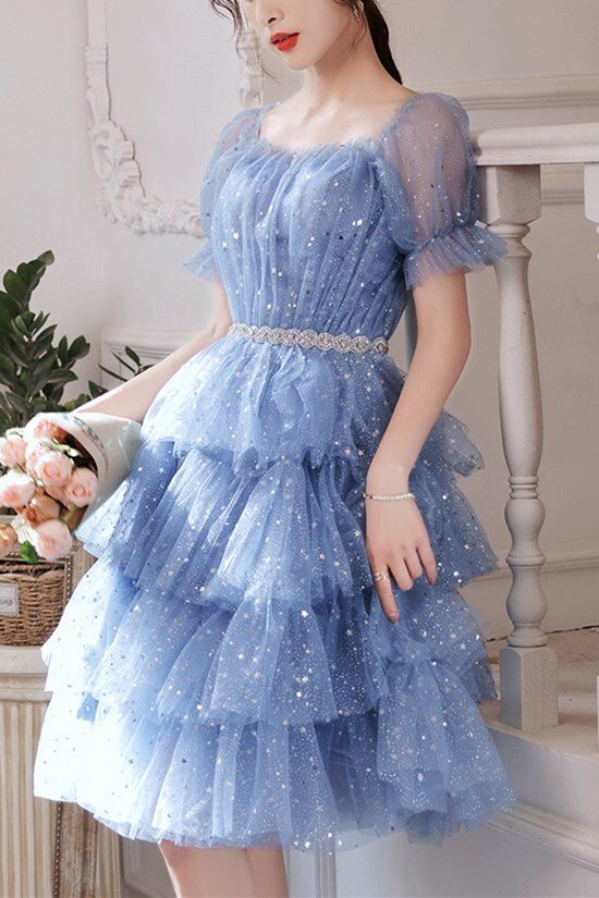 Princess Blue Shiny A-line Short Party Dress
