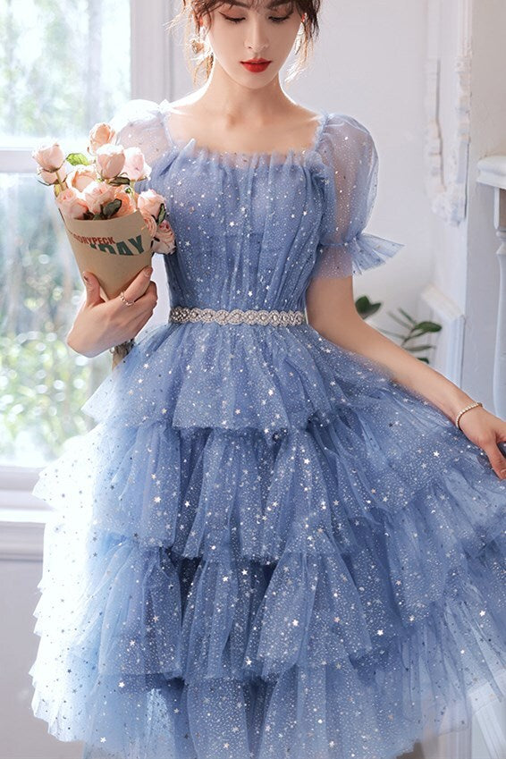 open lace back dress Princess Blue Shiny A-line Short Party Dress – Dressesforparty