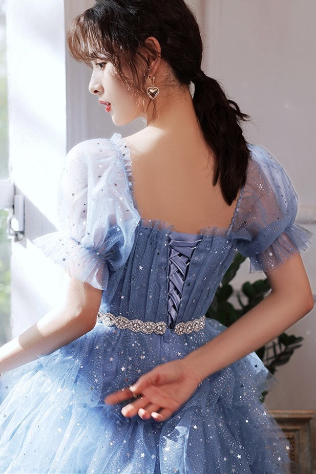 Princess Blue Shiny A-line Short Party Dress