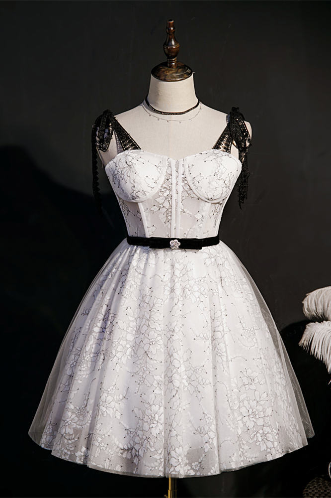 A-line White and White Lace Short Party Dress