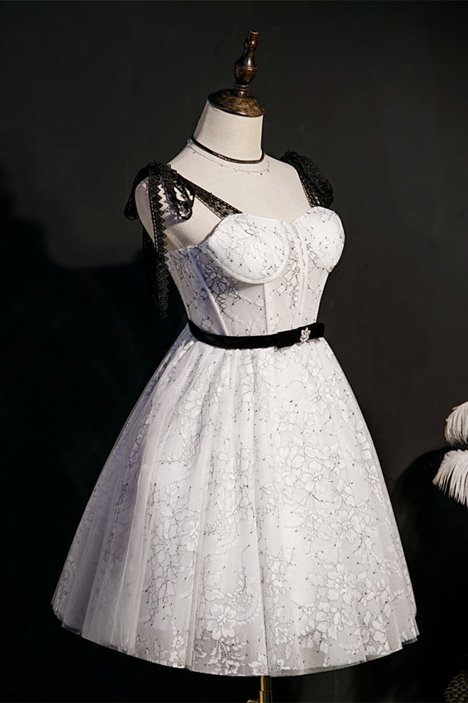 A-line White and White Lace Short Party Dress