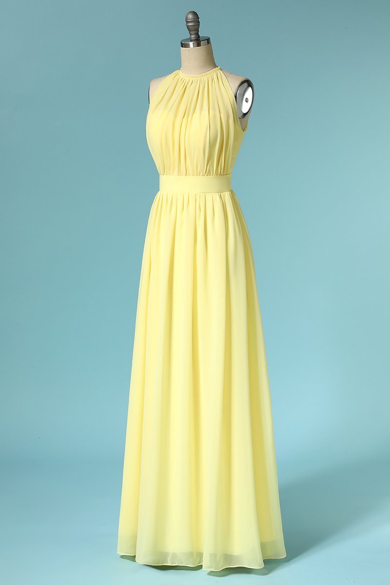 Halter Yellow Chiffon Long Bridesmaid Dress