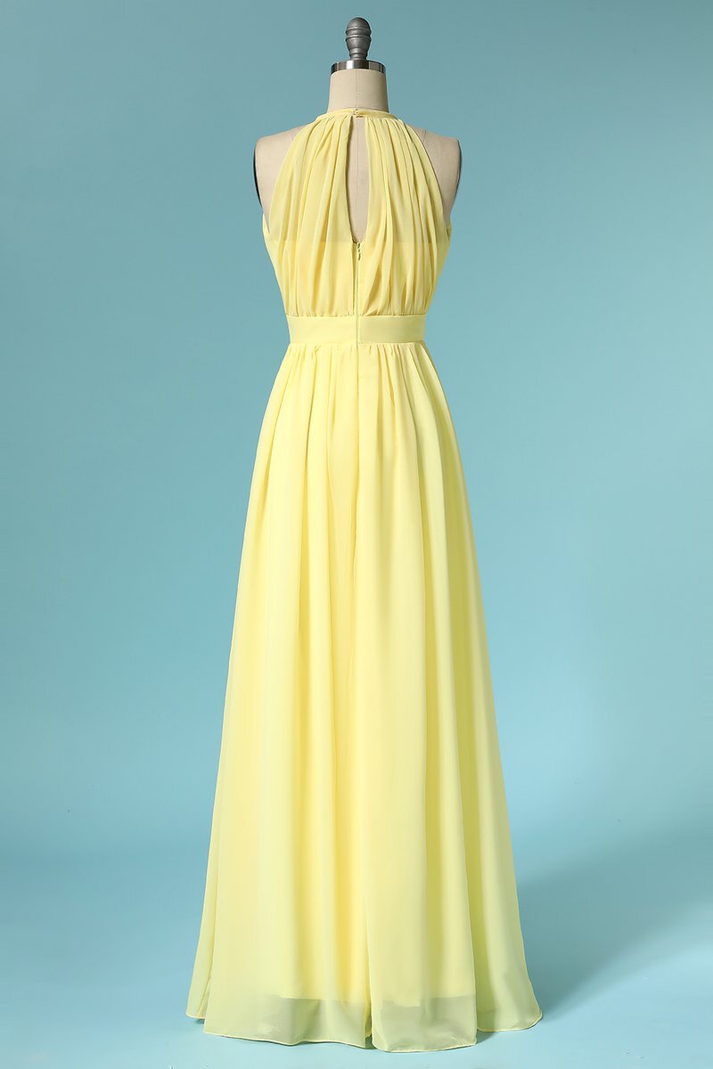 Halter Yellow Chiffon Long Bridesmaid Dress