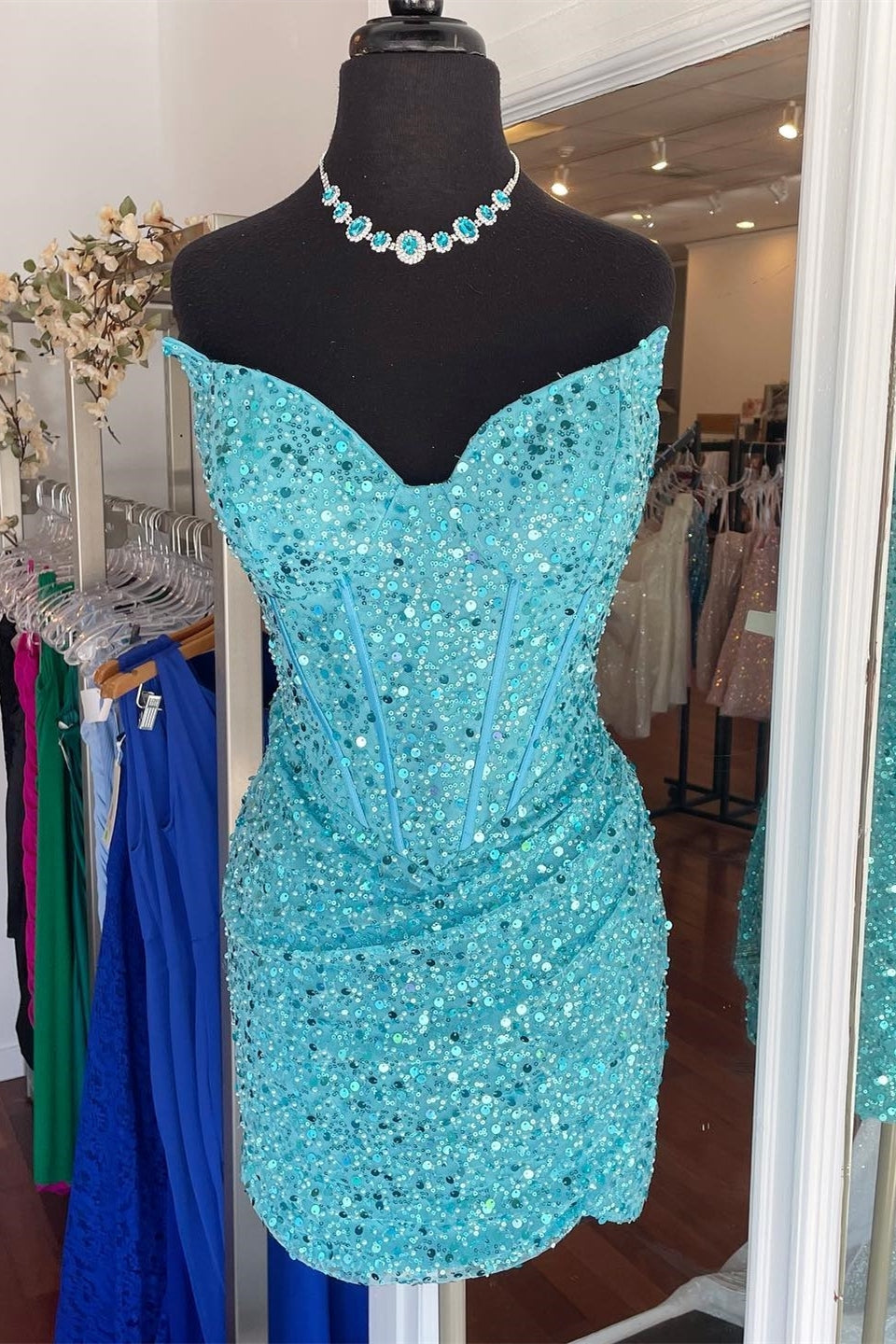 Strapless Blue Sequin Bodycon Mini Party Dress