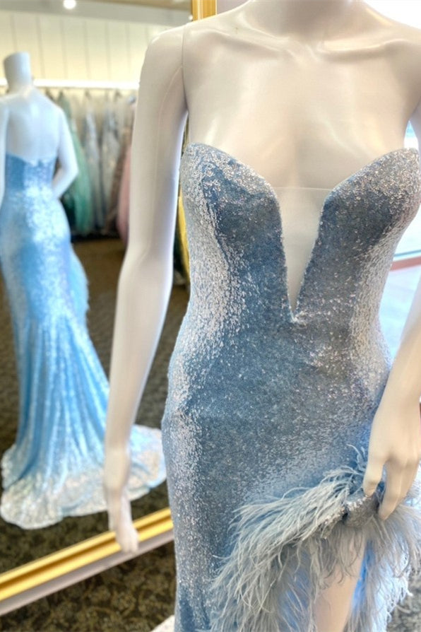 Strapless Light Blue Sequin Mermaid Long Formal Dress