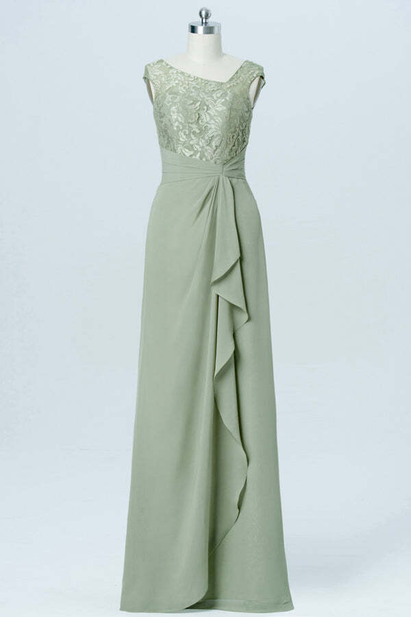 Sage Green A-line Asymmetric Side Ruffles Chiffon Long Dress