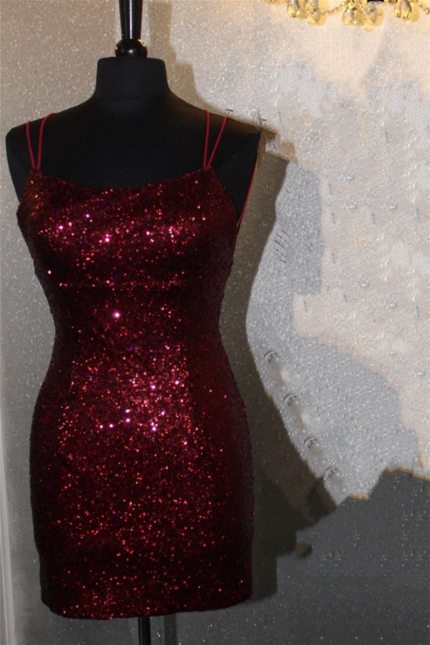 Burgundy Sequin Fitted Short Party Dress with Straps