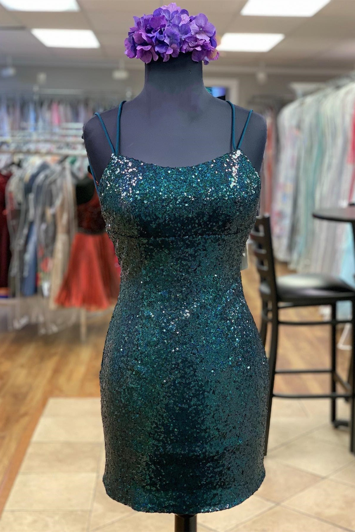 Dark Green Sequin Fitted Short Party Dress with Straps