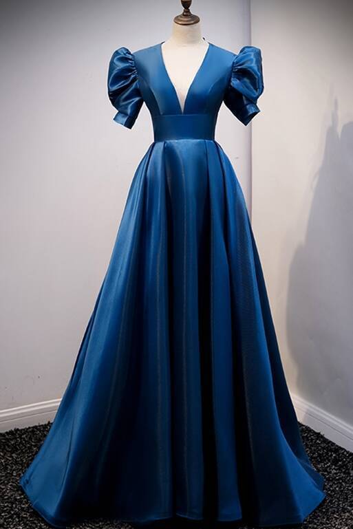 Blue A-line Long Formal Dress with Short Sleeves