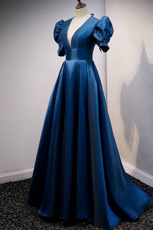 Blue A-line Long Formal Dress with Short Sleeves