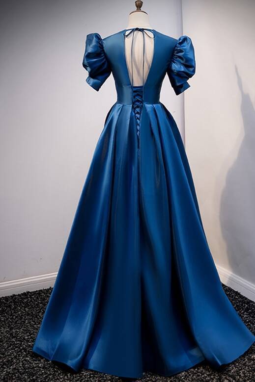Blue A-line Long Formal Dress with Short Sleeves