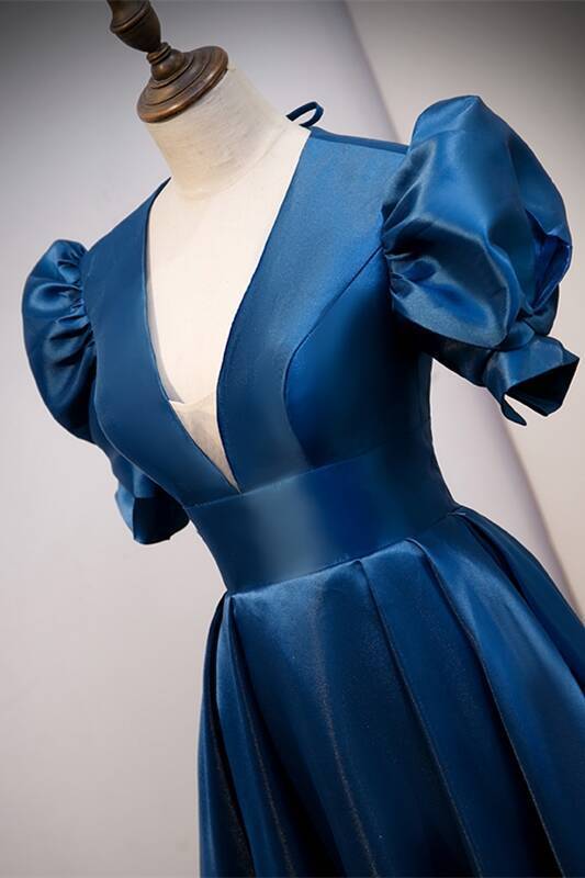 Blue A-line Long Formal Dress with Short Sleeves