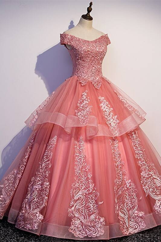 Off Shoulder Coral Appliques Long Ball Gown 
