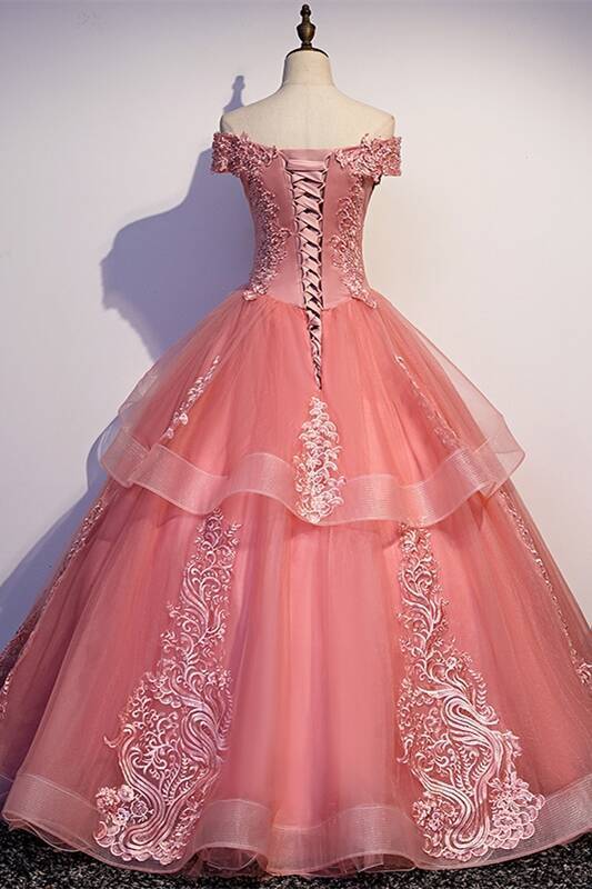 Off Shoulder Coral Appliques Long Ball Gown 