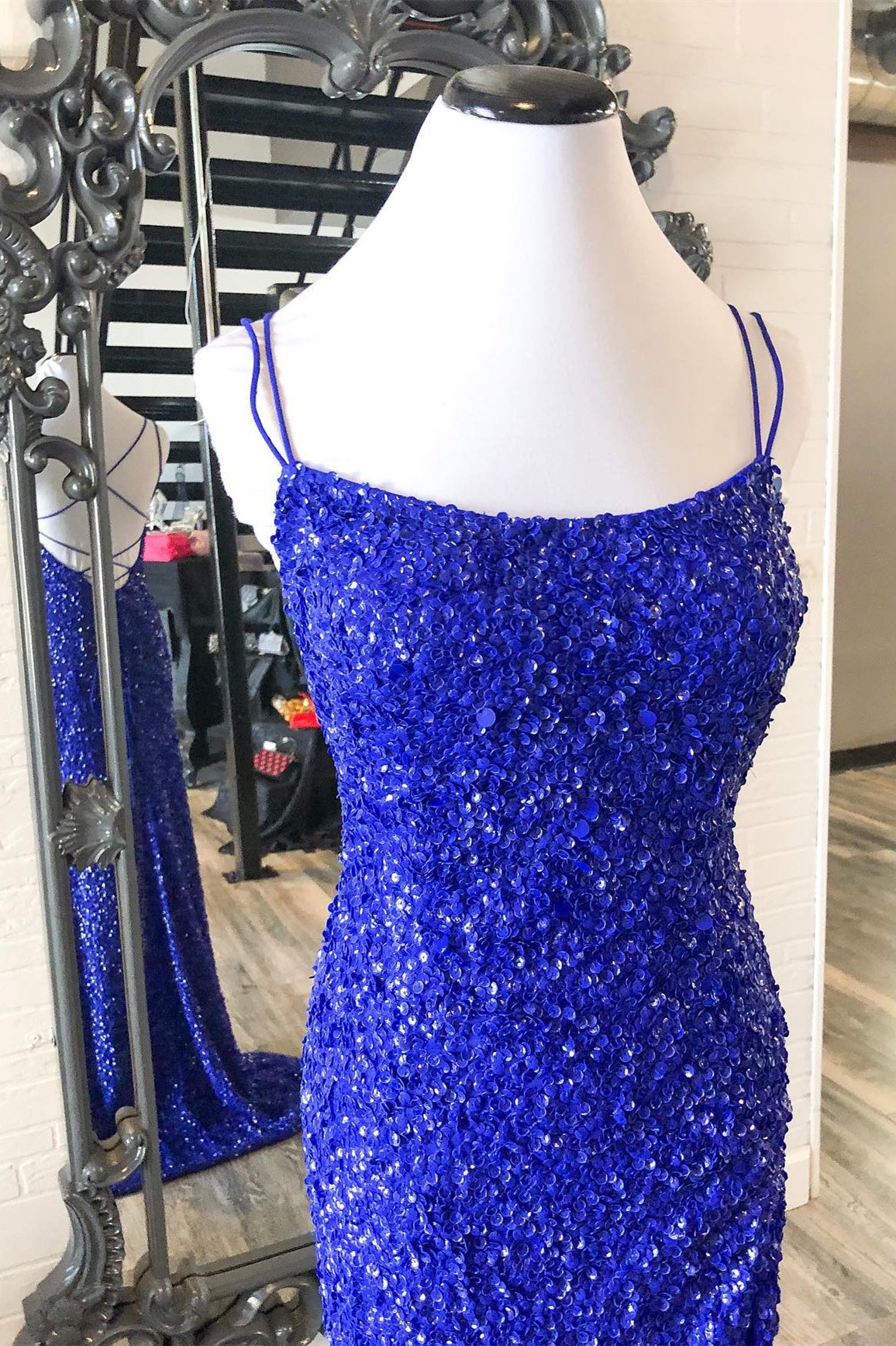 Blue Sequin Mermaid Long Formal Dress with Straps