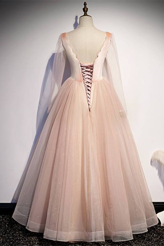 See Through Long Sleeves Pink Long Party Dress