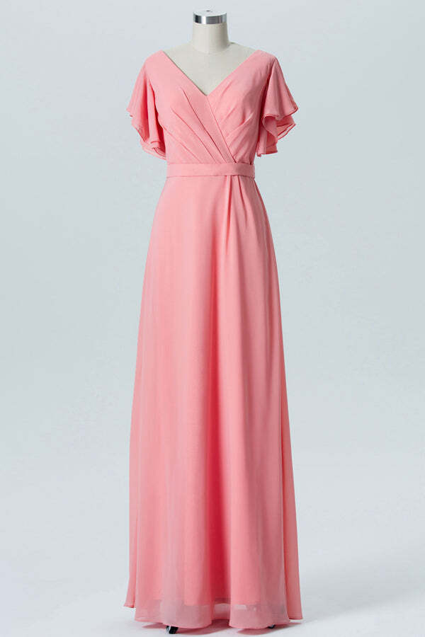 Flutter Sleeves Coral A-line Chiffon Long Bridesmaid Dress