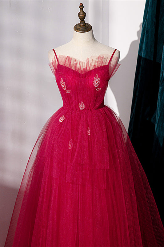Spaghetti Straps Red Tulle A-line Long Formal Dress